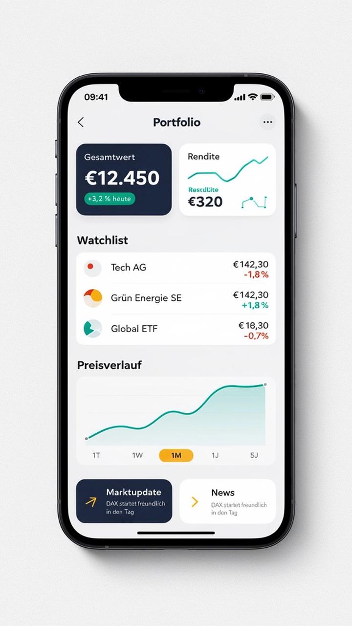 Smartphone-Mockup der App mit Portfolio-Übersicht, Watchlist und Markt-Update Karten