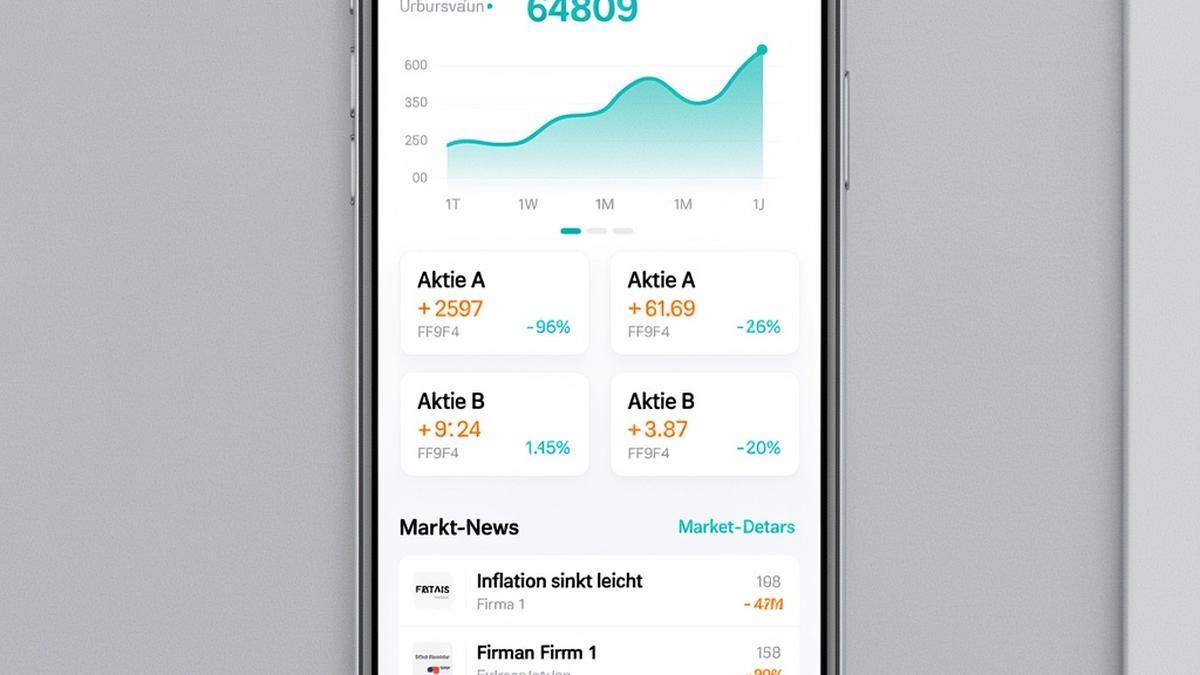 App-Screenshot: Portfolio-Übersicht mit Performance, Watchlist und News